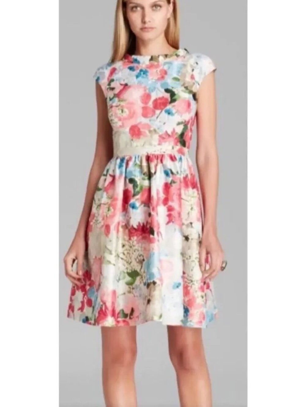 Cynthia Steffe Floral Jacquard Fit Flare Dress Coral Metallic Women's Size 6